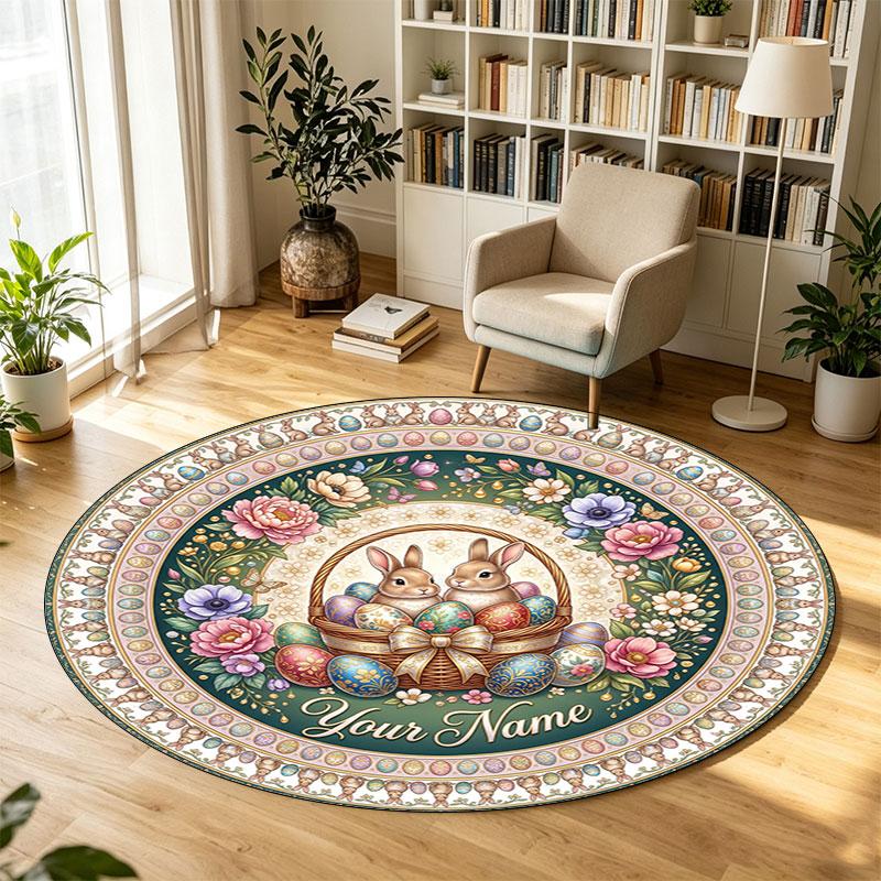 Easter Bunny (1) Theme Circular Crystal Velvet Carpet Customized Name & Text Round Soft Floor Rug For Living Room Bedroom Decor