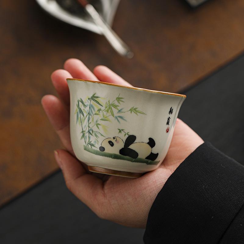 Beige Ru Ware Panda Teacup - Kung Fu Style Ceramic Tasting Cup