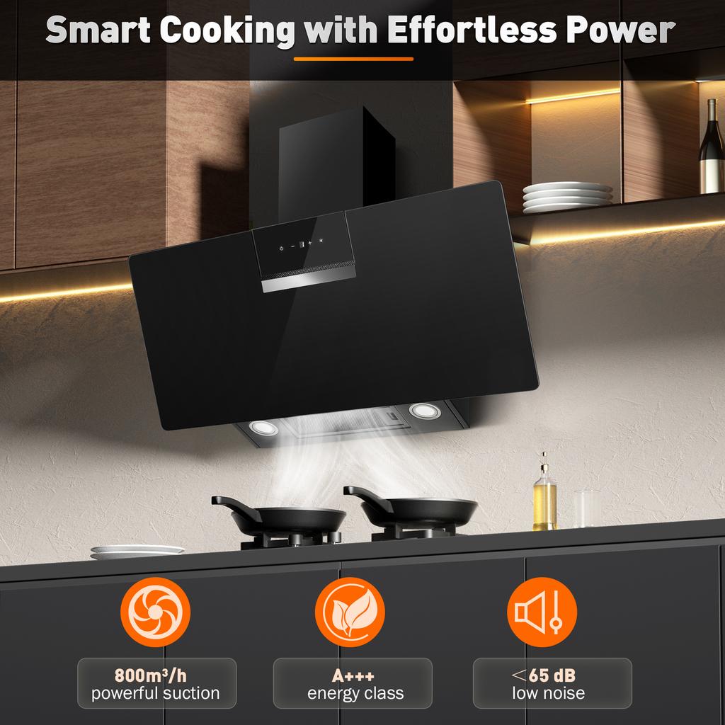 SNDOAS 90cm Range Hood A+++ 800 M³/h Drafting Power 3+ Booster Stages Touchscreen Activated with Activated Carbon Filter