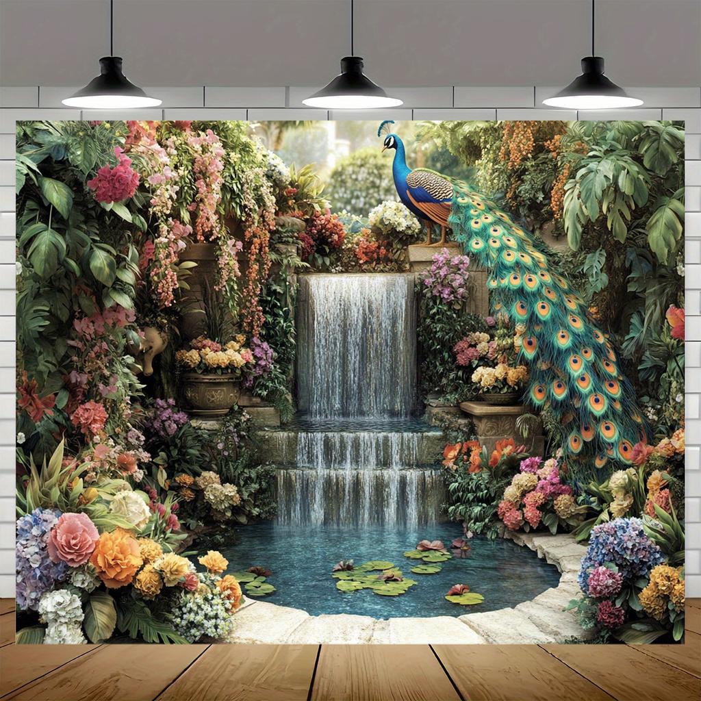 1pc2D Peacock Waterfall Garden Photography Banner - Suitable for Birthdays Festivals Parties Multiple Sizes To Choose from