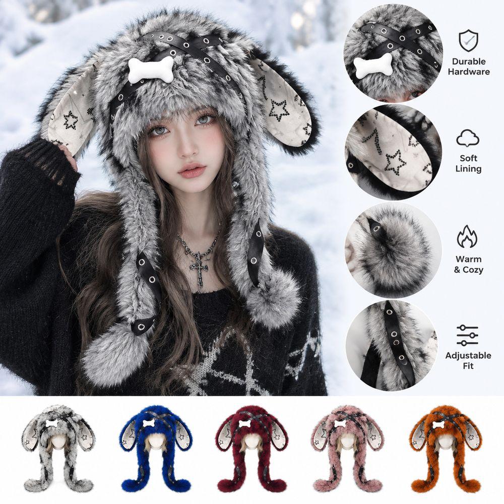Punk Style Bunny Ear Hat Y2K Streetwear Star Print Ears New Design Faux Fur Hat