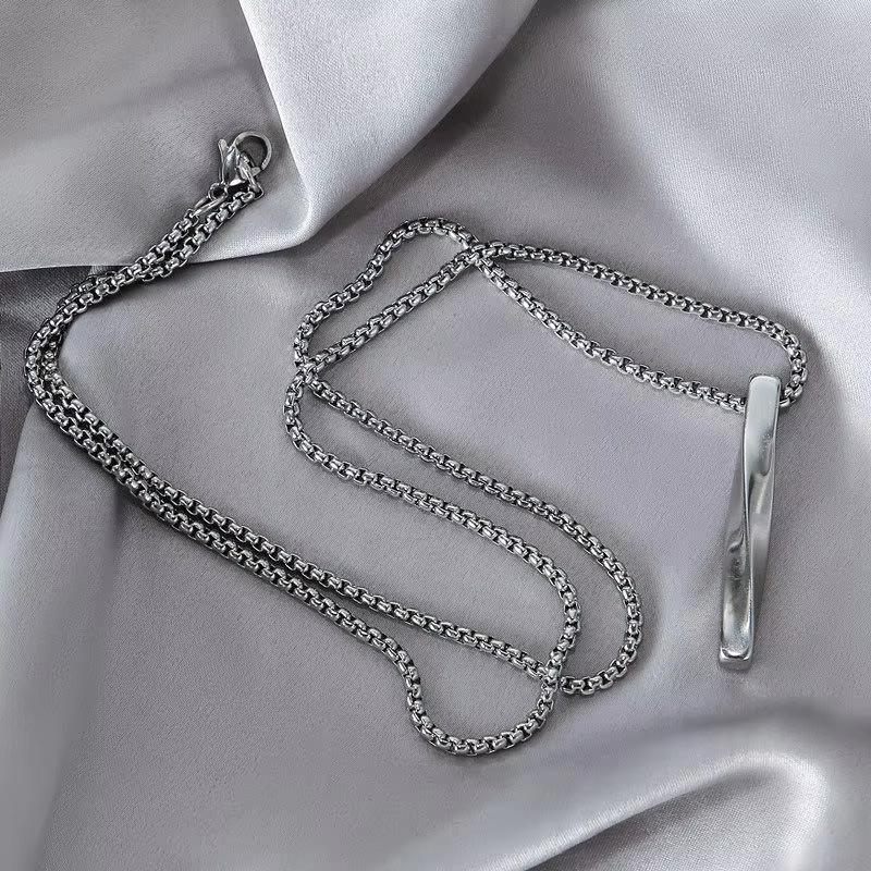 Fashion Stainless Steel Curved Bar Necklace Unisex Double Chain Metal Pendant Accessory