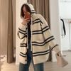 Hooded Striped Medium and Long Large Size Knitted Cardigan Women's Autumn and Winter Loose Lazy Wind Loose Soft Waxy Sweater Jacket Top