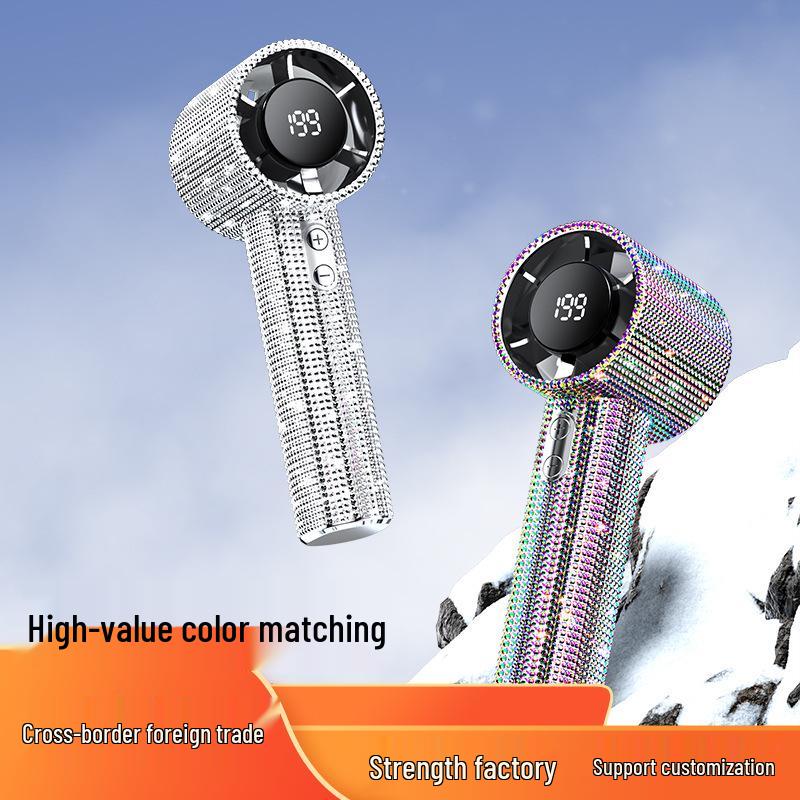 S5 Diamond Mini Handheld Fan: 199 Speed, Digital Display, High-Speed for Outdoor Use, Shining and Portable. White Diamond