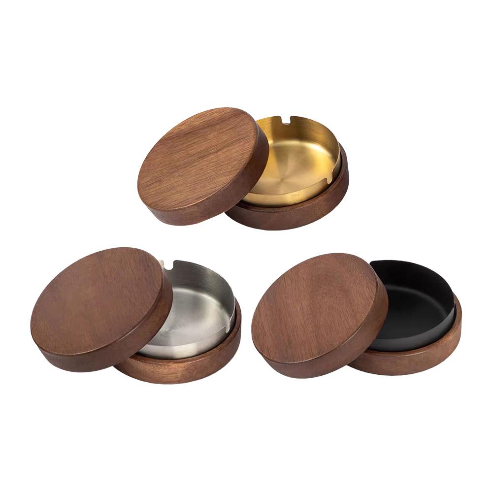 Wooden Ashtray with Lid Stainless Steel Liner Ash Tray Windproof Ashtray for Indoor Or Outdoor Use Patio Office & Home