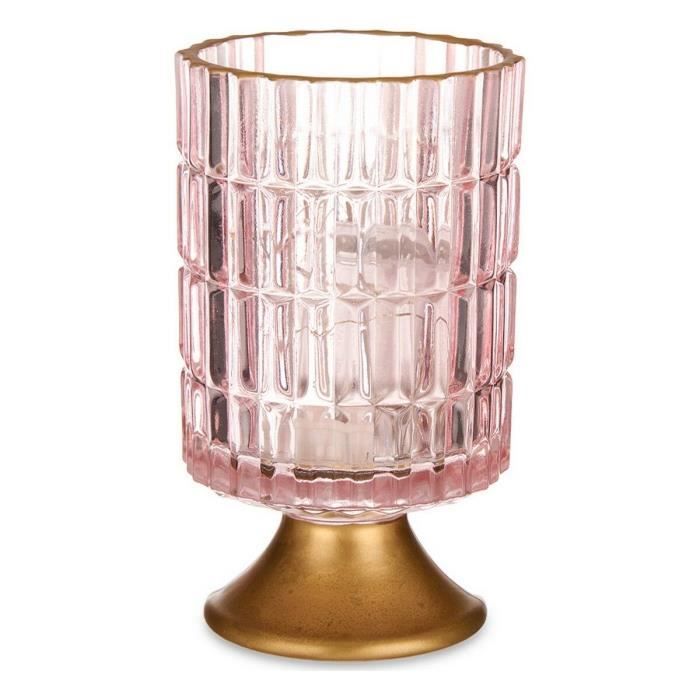 Lanterne À LED - Rayures Rose Doré - Verre Transparent - 10,7x18 Cm - Élégance Chic