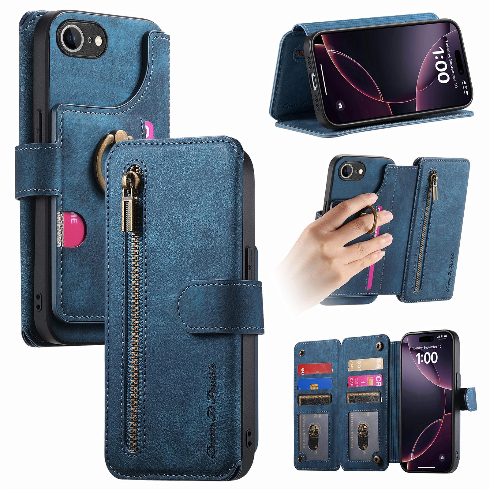 

For iPhone 16e Leather Phone Back Cover with RFID Blocking Zipper Wallet Kickstand Blue