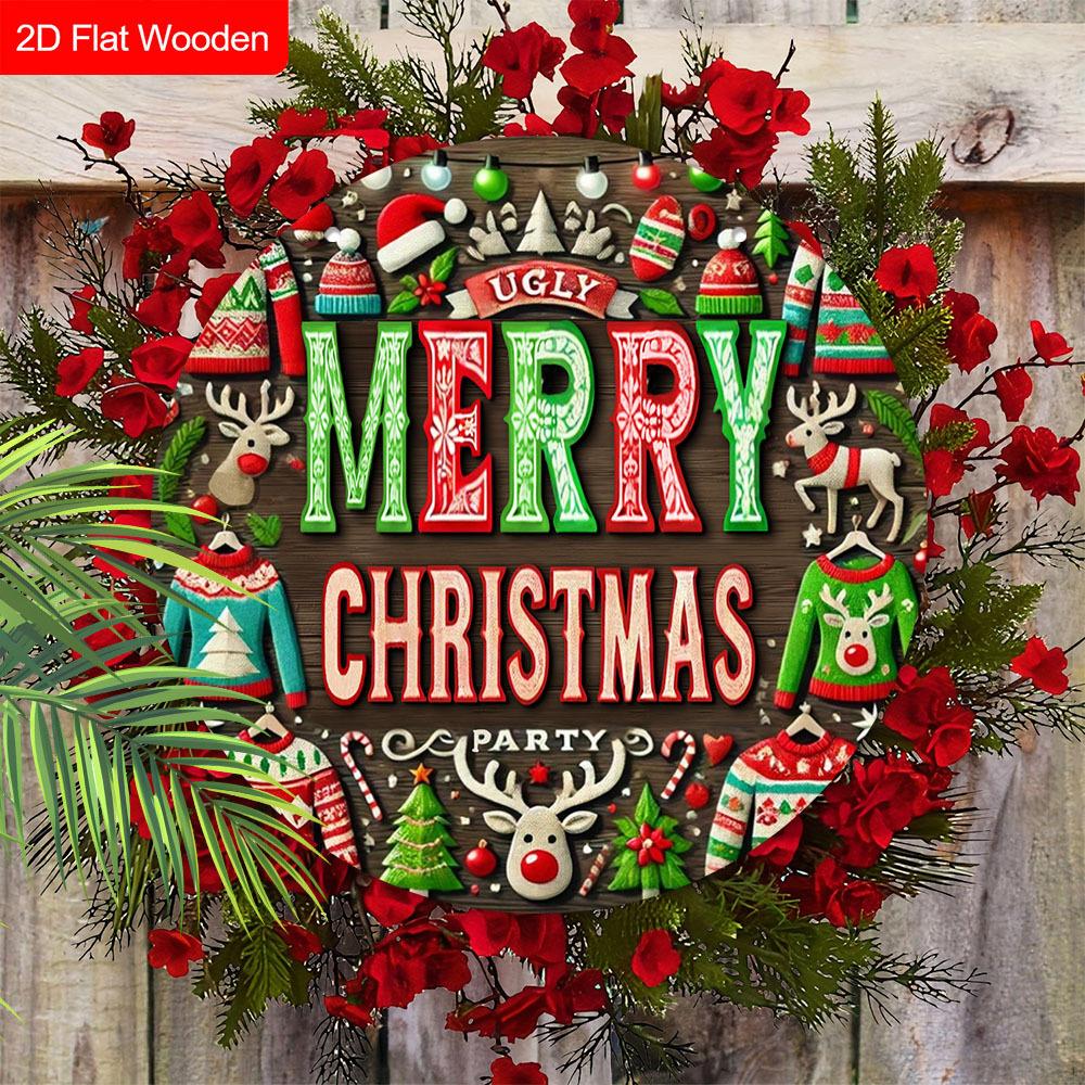 2D Flat 1pc Winter Merry Christmas Sweater Logo Wooden Sign Decoration, Front Door Embossed Effect Wall Decoration, Suitable for Home Office, Garden