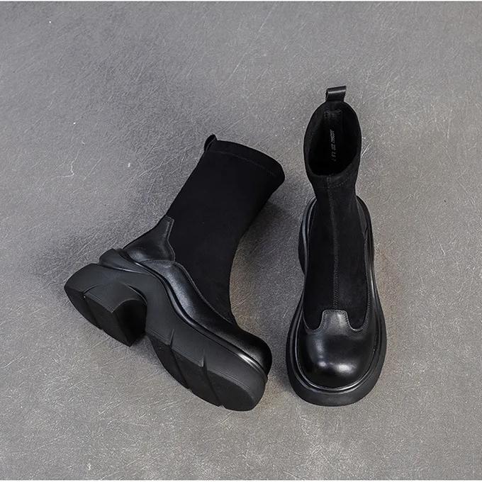 Johnature Retro Solid Color Mid-calf Boots Genuine Leather Comfortable Thick Soled Versatile Women's Shoes