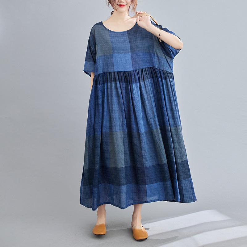 

2023 Spring/Summer Plus Size Women s Cotton Linen Print Midi Dress - Short Sleeve One Size синий