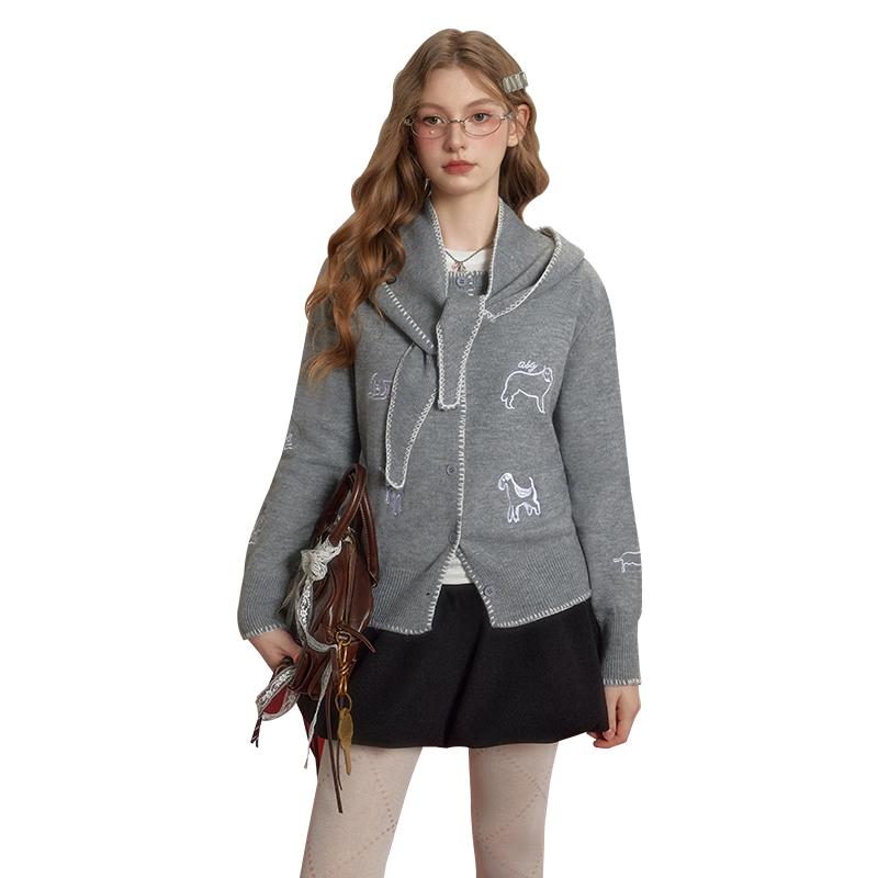 

UNIFREE Winter Dog Print Knit Cardigan One Size