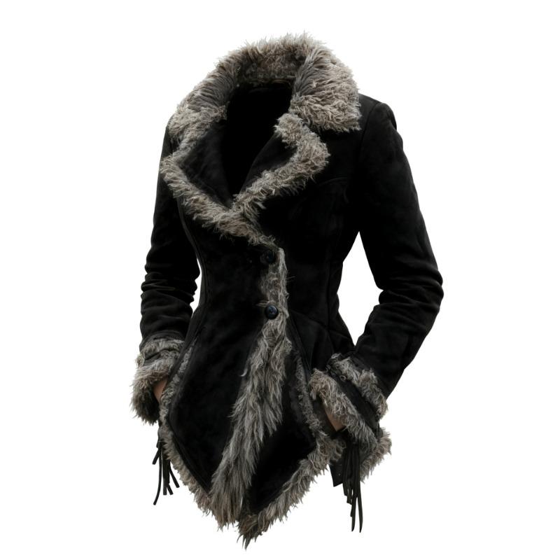 Womens European Size Vintage Distressed Suede Lapel Collar Long Sleeve Thick Jacket Coat