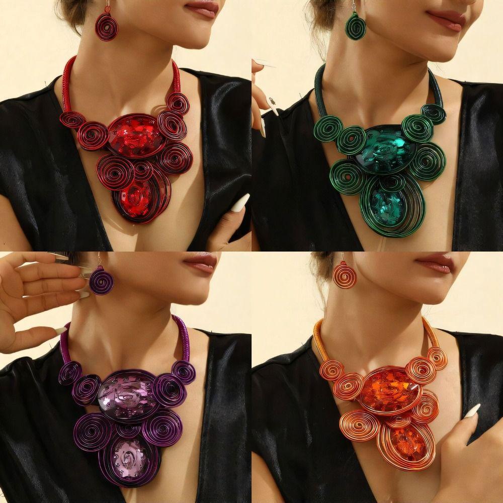 Handmade Statement Necklace Earring Set Crystal Gem Banquet Jewelry  Banquet Accessories