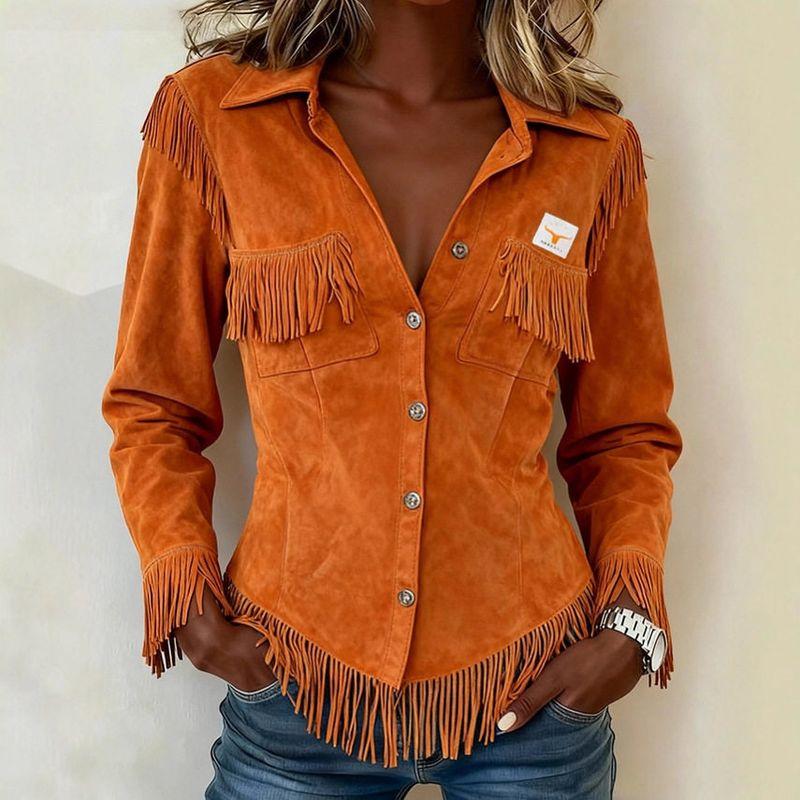 2025 Autumn New Brown Series European and American Style Suede Tassel Long Sleeve Cardigan Women's Jacket Cross-Border Women's Coat