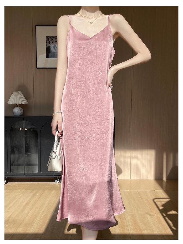 Elegant Solid Color Flower Acetate Satin V-Neck Spaghetti Strap Summer Dress for Women