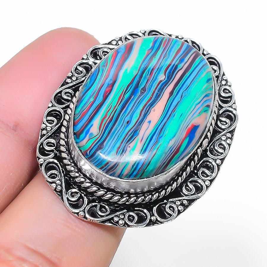 Natural Rainbow Calsilica Gemstone 925 Sterling Silver Jewelry Ring Size 8 AR-17036
