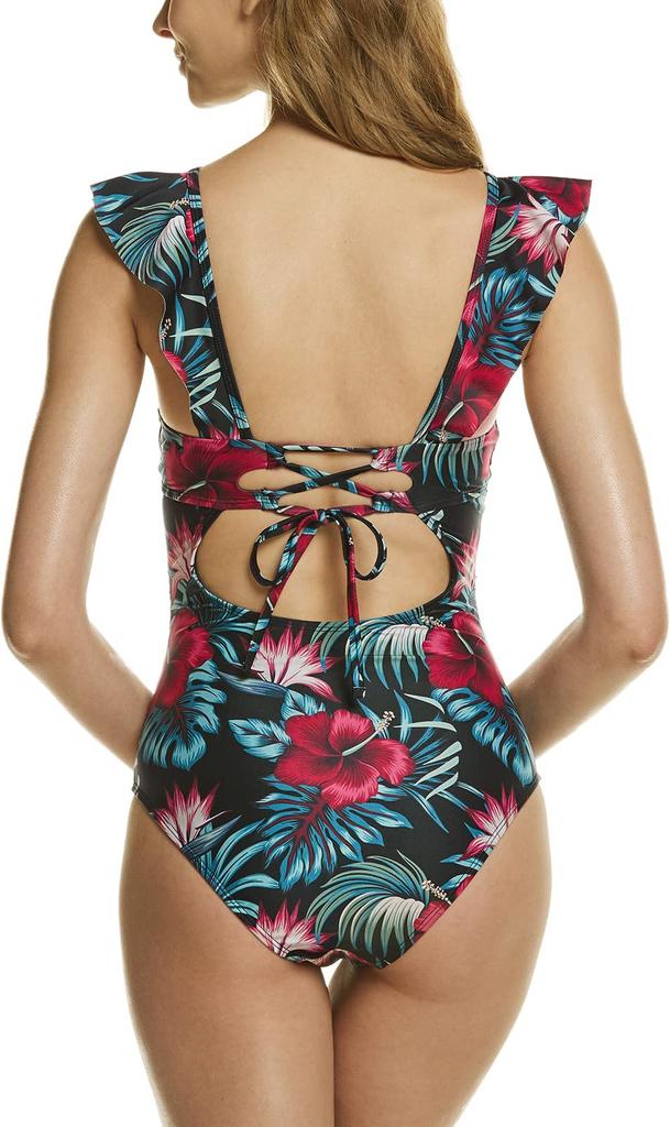 Traje de baño de una pieza de verano para mujer Tesla (FSO29-FLW_L) [Elástico, Secado Rápido, Protección UV] con Almohadillas en el Pecho, Traje de Baño de Encaje, Sexy, Favorecedor de la Figura