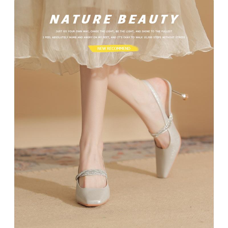 79916 [sheepskin] high heels women's thin heels 2025 new square head rear empty sandals rhinestone one-word strap shoes