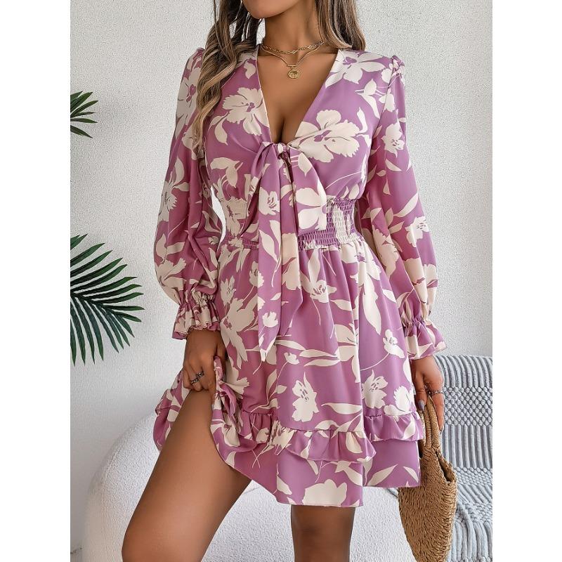 Women's Autumn/winter Casual Flower Lace-up Long Sleeve A-line Dress with Wooden Ear Trim