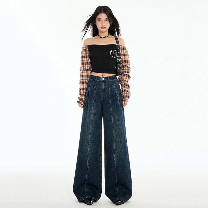 Women's Autumn High-Waisted Hong Kong Style Floor-Sweeping Loose Jeans