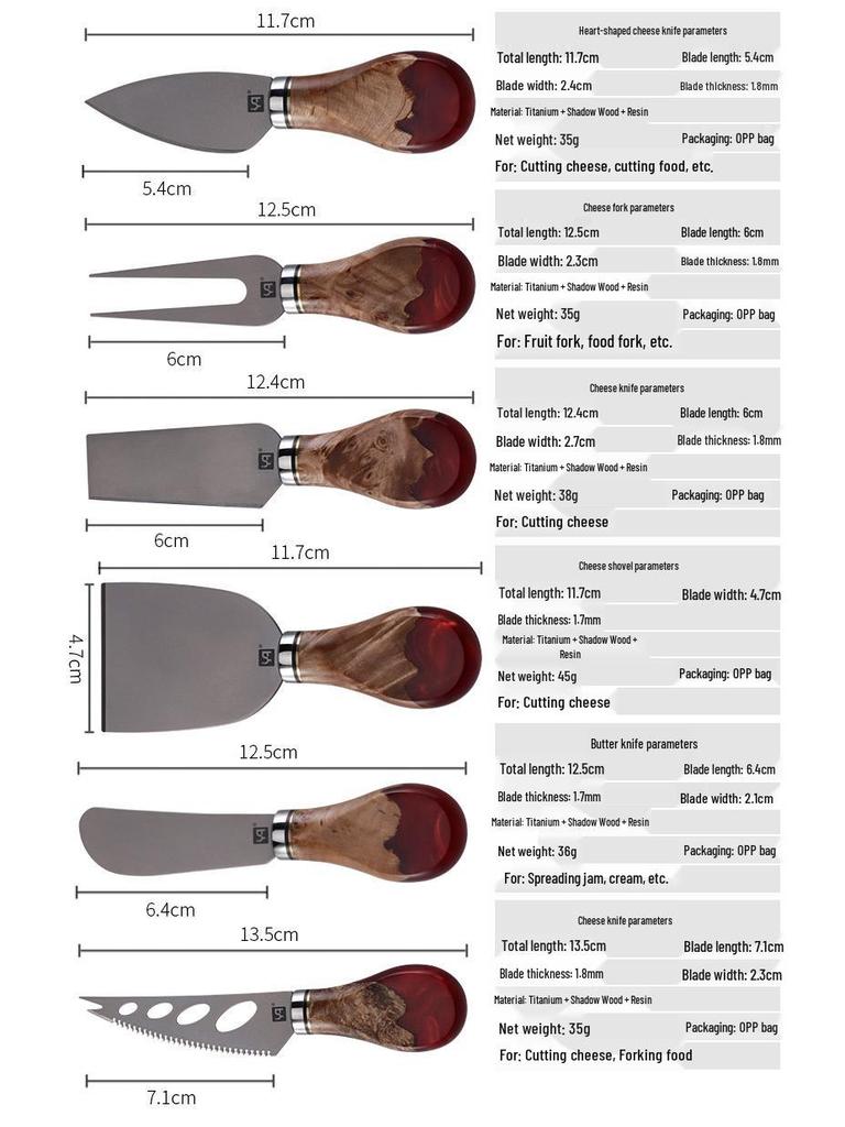 High-End Pure Titanium Cheese Knife Set with Red Resin Wood Handle
