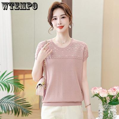 Summer Women's Ice Silk Short Sleeve T-shirt  Jacquard Round Neck Loose Casual Mom Outfit Thin Top