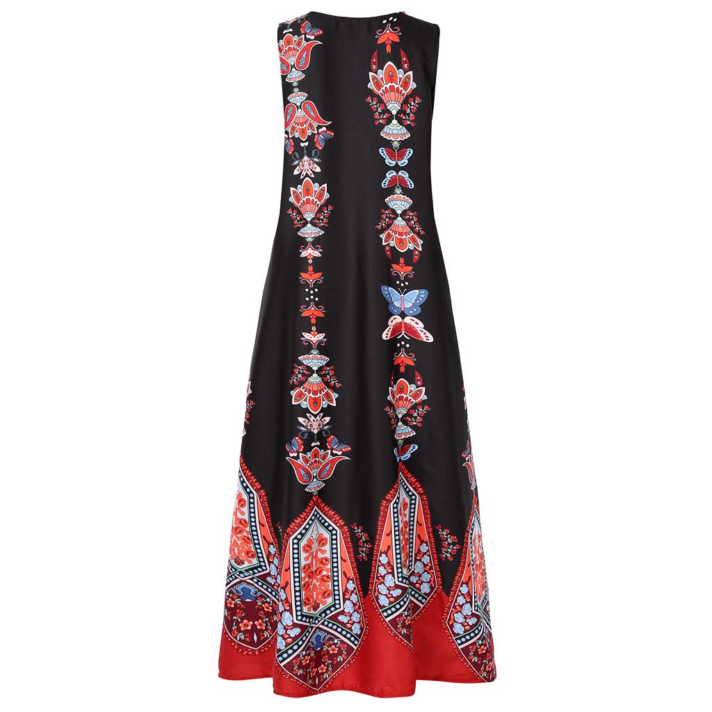 Women Plus Size Print Daily Casual Sleeveless Vintage Bohemian V Neck Maxi Dress