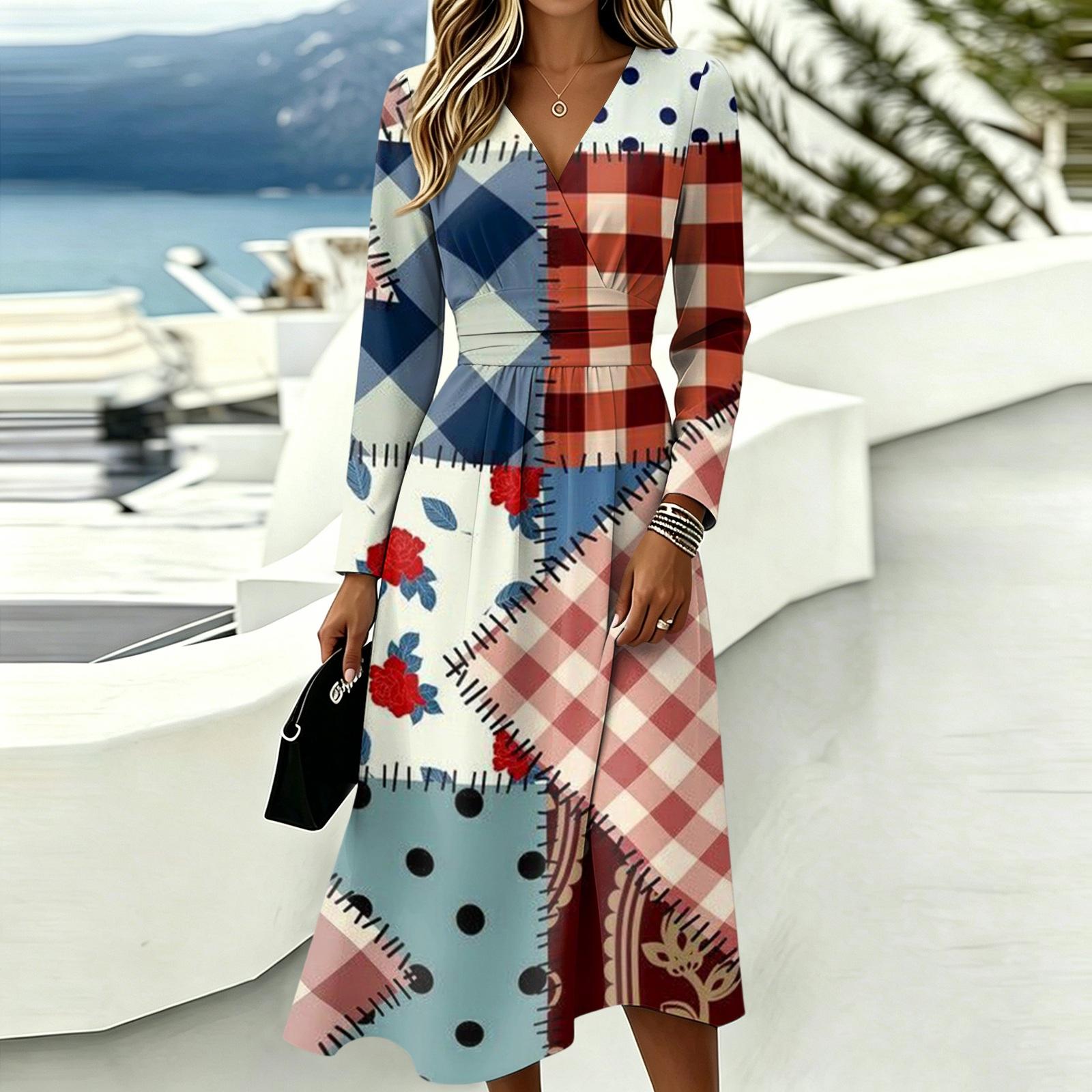 Women s Casual Color Block Plaid Print Long Sleeve V-Neck Dress with Pockets L