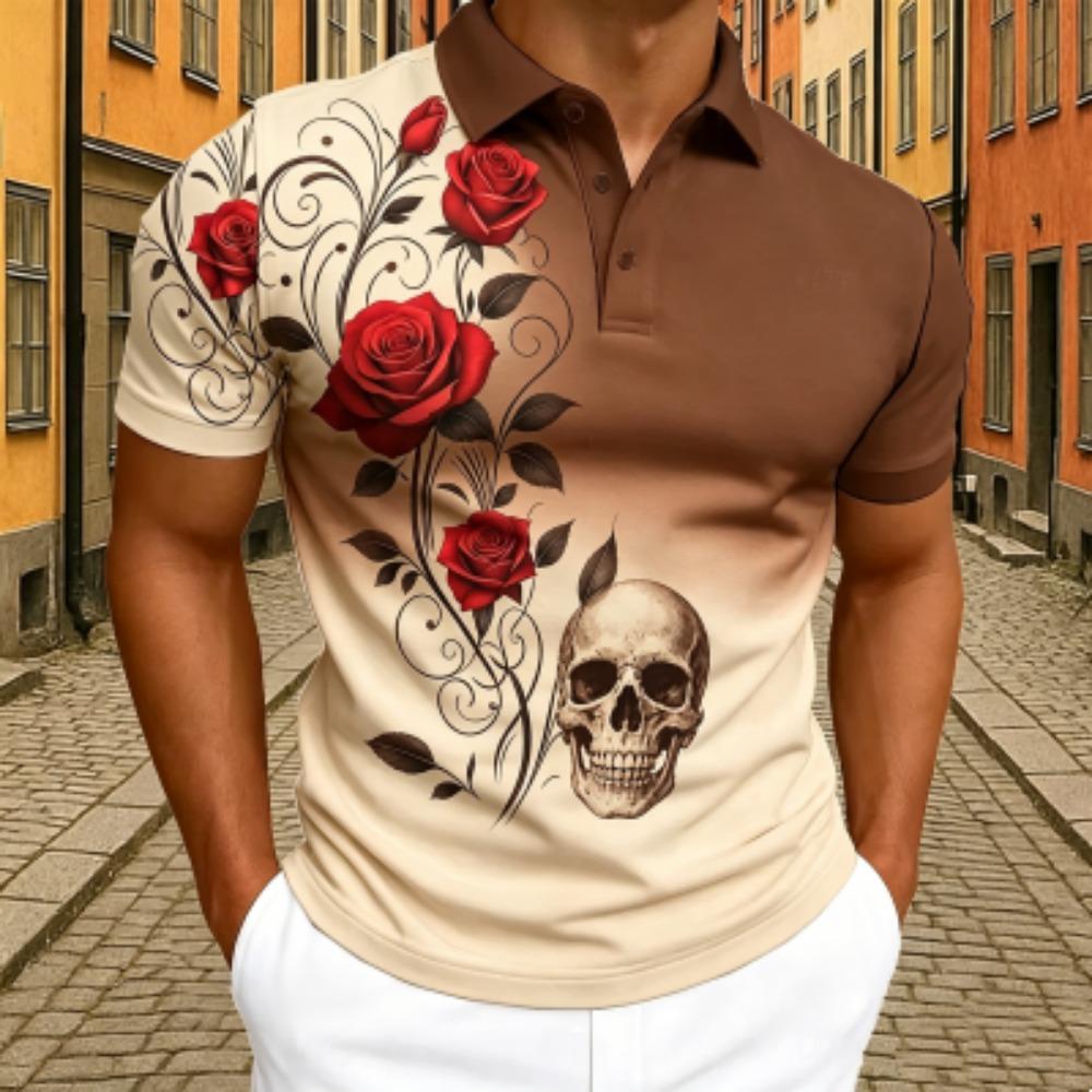 Men's Red Rose Floral Skull Print Polo Shirt Men's Outdoor Street Short Sleeve Tees Top Summer Home Casual T-shirt Men's and Women's Polo Shirt