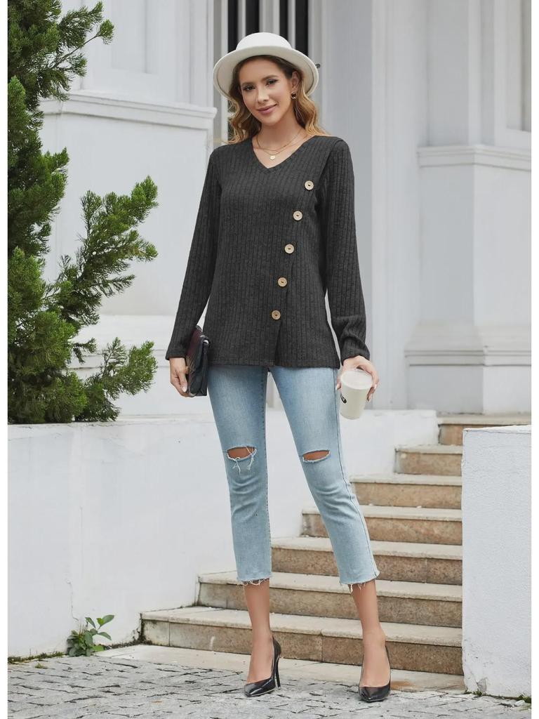 2023 Women's Autumn & Winter V-Neck Button Split Loose Long-Sleeve T-Shirt Top