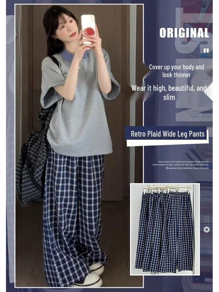 Luosi Plaid Wide-Leg Pants: Retro, Loose-Fit, Versatile Women's Style for 2025