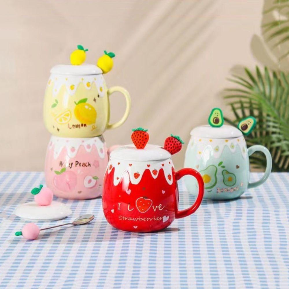 450ML Capacity Strawberry Mug Pink Color Ceramic Mug Cute Design Porcelain Mug Student Use