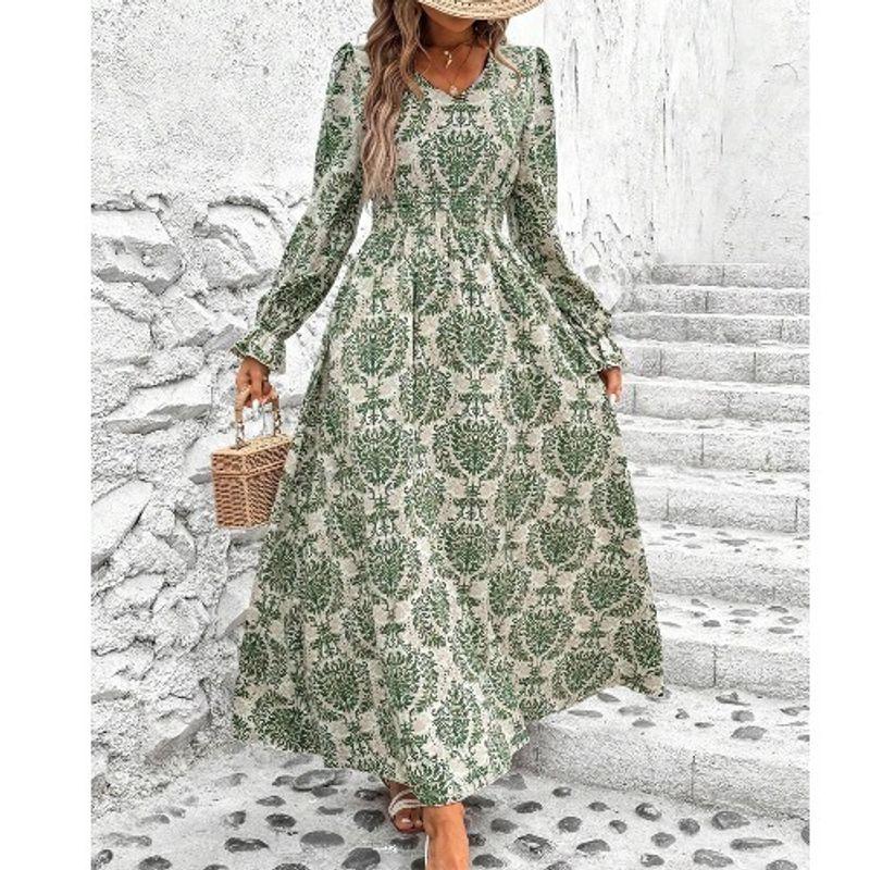 

Fall Bohemia New Arrival Fashion Fashion Heart Floral Tight Waist Bubble Long Sleeve Dress Dress Dress Dress Green XL
