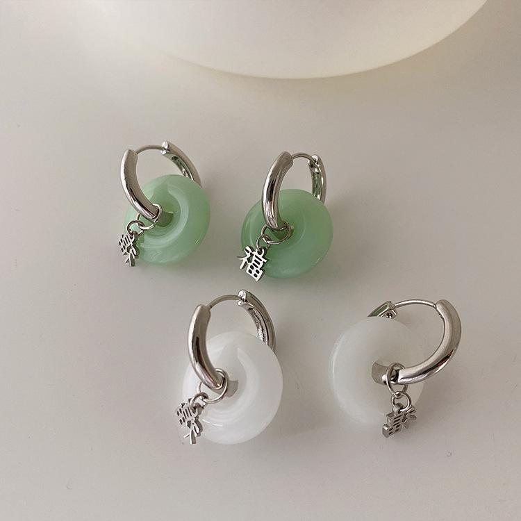 New Unique Green Jade Round Stainless Steel Hoop Earrings For Women Vintage Elegant Earclip Earrings Statement Jewelry