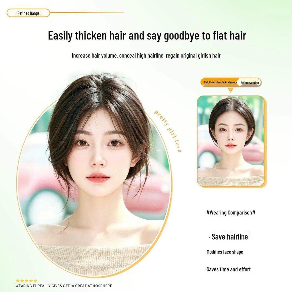 Women's Crown Hairpiece: Real Hair, Invisible, Fluffy, Volumizing, High Skull Top, Covers Grays, Forehead, Traceless with Bangs