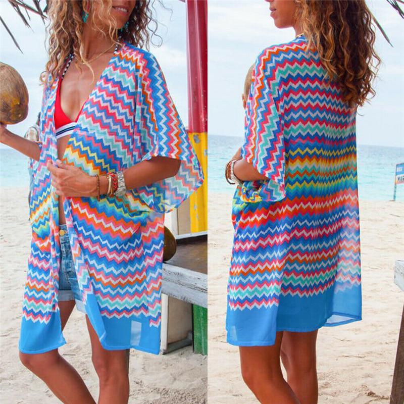 Striped Chiffon Beach Cover Up Print Bathing Suit Cover Up Swimwear For Women