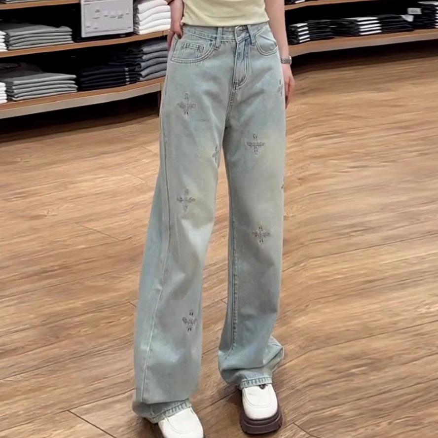

Женские джинсы с высокой талией, вышивкой, длиной в пол, с широкими штанинами, лето 2025 XL