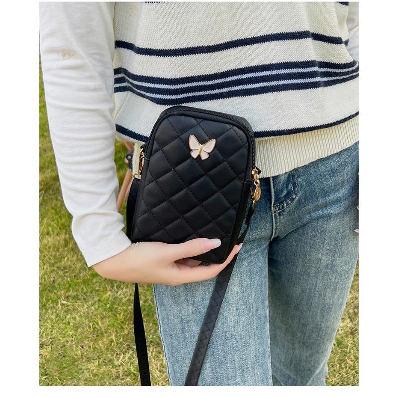 Quilted Mini Crossbody Bag Korean Style Floral Embroidered Phone Purse with Butterfly Detail