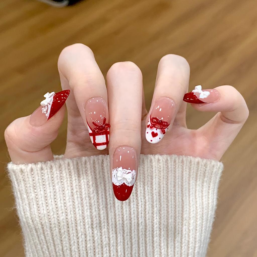 30PCS Almond Shape with Bow Fake Nails Simple White Floral Painted French Design Press On Nails Sweet Gentle Removable Manicure