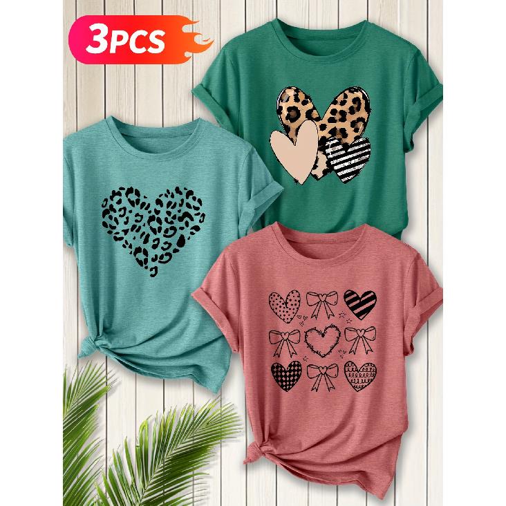 Three-piece set Elegant short-sleeved dress for women Leopard print heart shape+Multi-element heart overlay+Heart-shaped bow combination printed