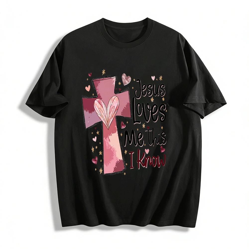 Jesus Loves Me This I Know Christian Cross Heart Graphic Tee Pure cotton T-shirt XXS