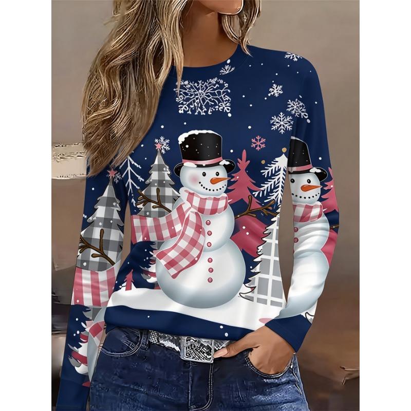 Women's T-Shirt, Pink, Snowman and Snowflake Print, Long Sleeve