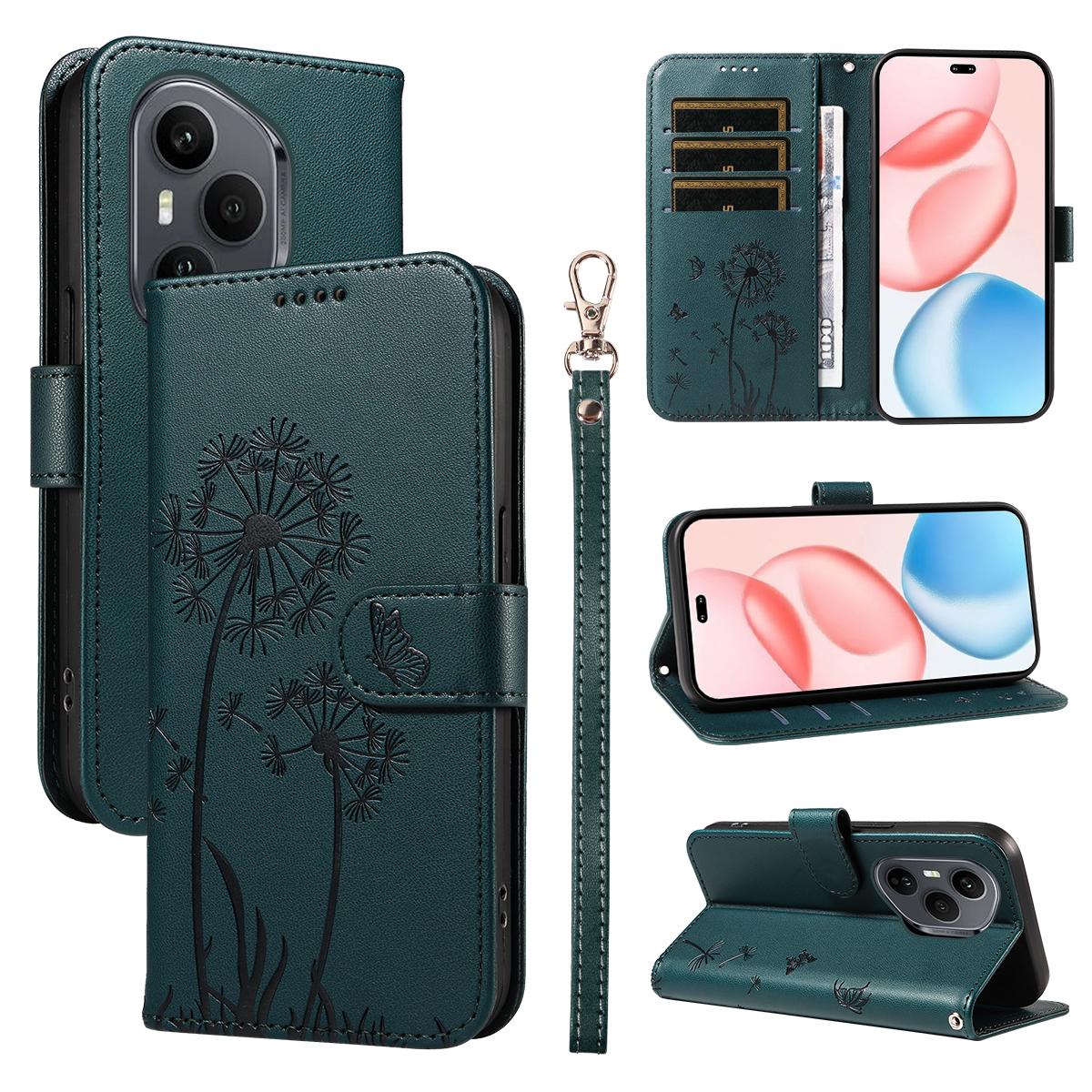 

Для Honor 400 Pro 5G (Глобальный) Кожаный чехол-кошелек с ремешком, тиснение «Одуванчик», подставка для телефона Blue