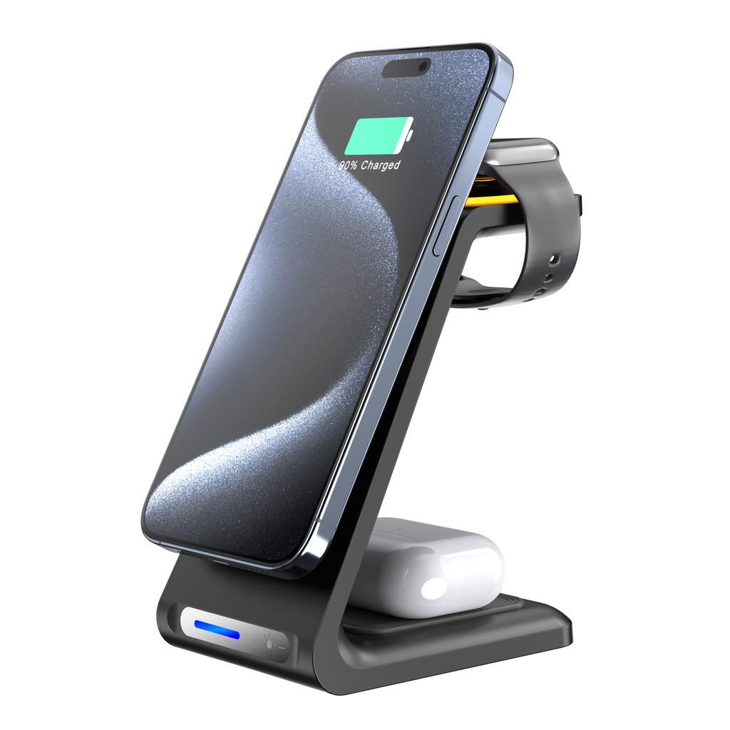 HT-546 15W Magnetic Wireless Charger Desktop Stand with Night Light for Phone/Earbuds/Watch