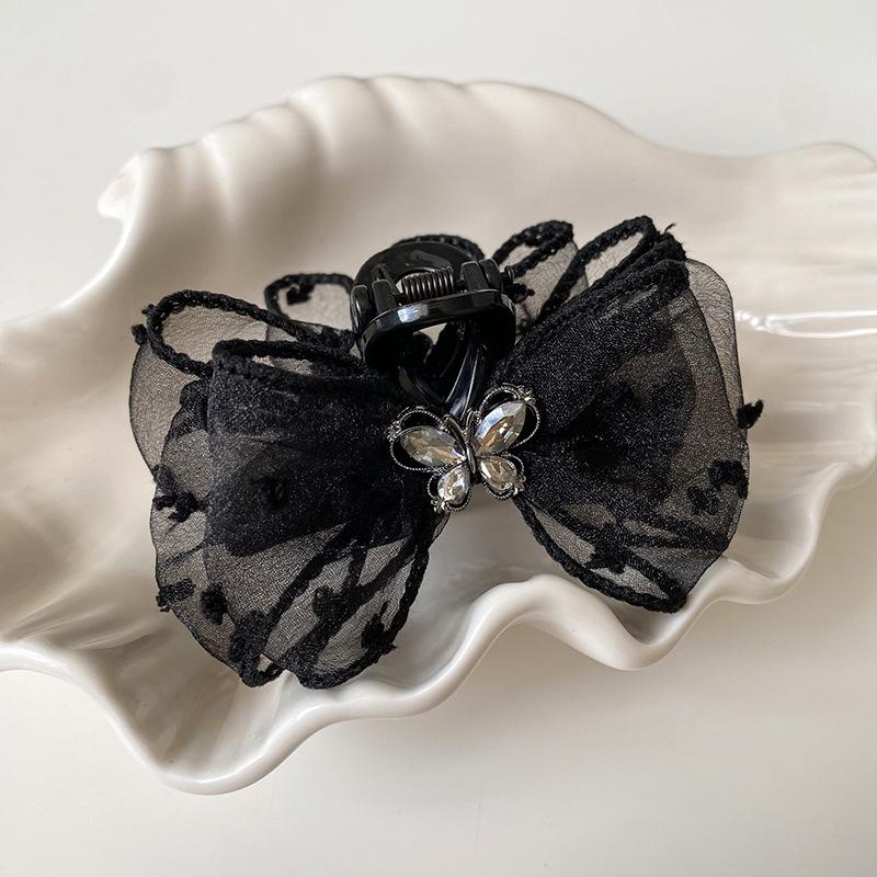 

Черная сетчатая заколка для волос со стразами и бантом в горошек для женщин