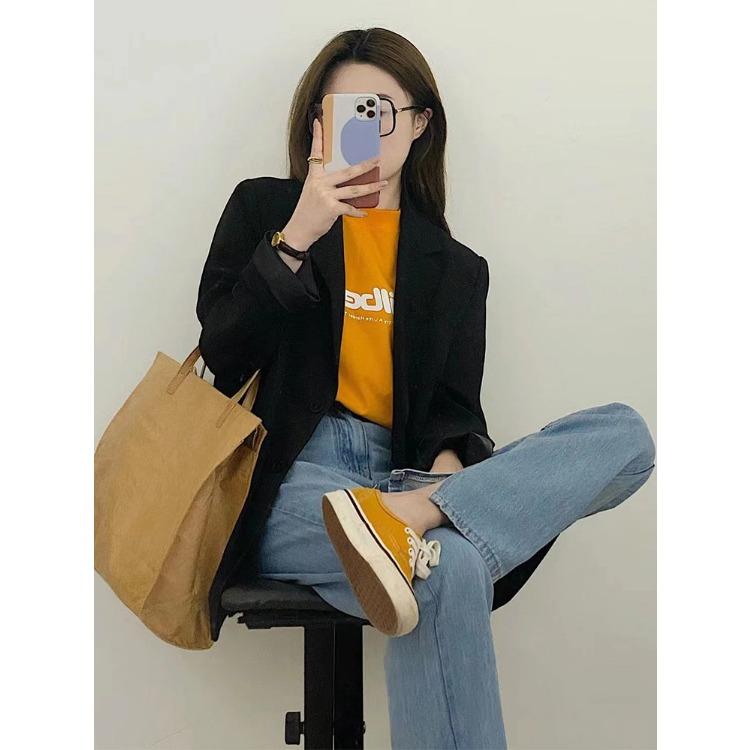 Korean Style Loose Fit Long Jacket with Shoulder Pads and Single Button for Women