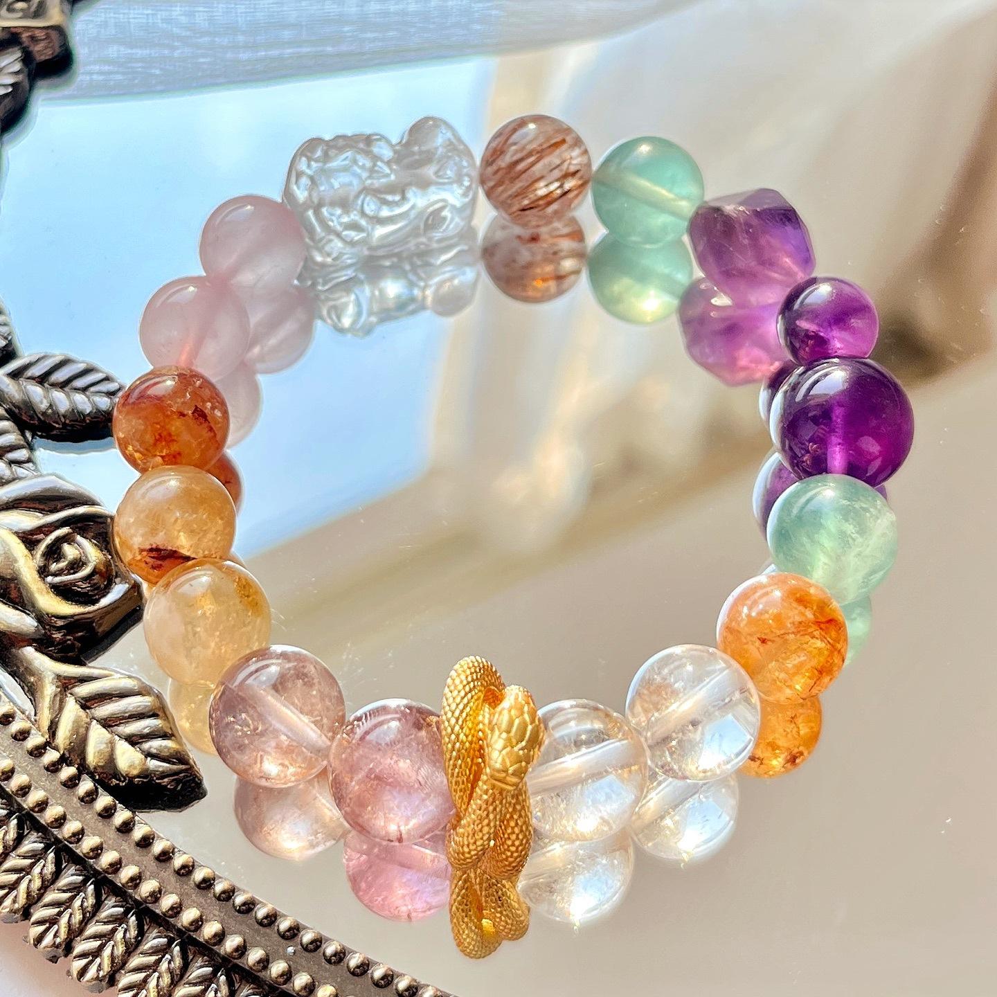 Natural White Crystal Amethyst Strawberry Crystal Green Crystal Citrine Purple Ghost Powder Crystal Duobao Bracelet