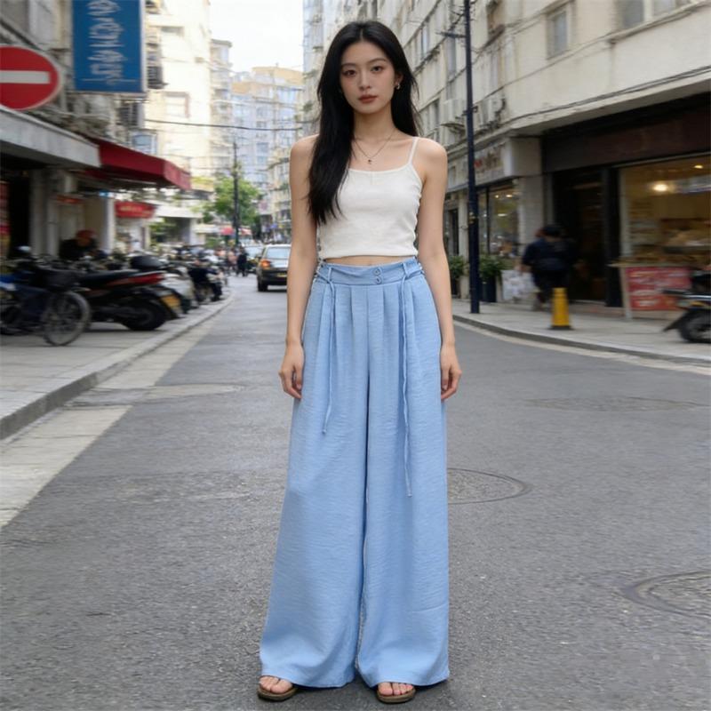 Casual Loose Lace-up Women's Wide-leg Pants Spring Summer Solid Color Elastic Waist Sweatpants Lace-up Trouser Women's Casual Simple Clothing