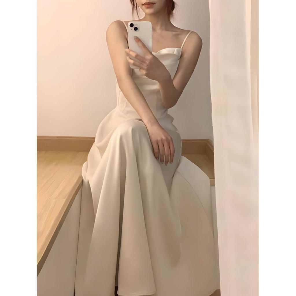 Niche daughter bow dress women's summer dress light mature style small dress temperament waist thin suspender skirt