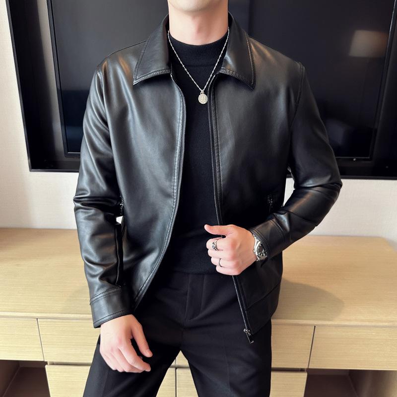 Autumn and Winter Men's Leather Jacket Lapel Light Business Men's Executive Leather Jacket Feel Pilot Plus Cotton Jacket